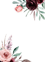 Greeting Card Template With Watercolor Pink And Burgundy Flowers Roses, Floral Frame Border With Place For Text. Illustration Hand Painted. Isolated On White Background. 
