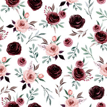 Seamless Background, Floral Pattern With Watercolor Flowers Pink And Burgundy Roses. Repeat Fabric Wallpaper Print Texture. Perfectly For Wrapped Paper, Backdrop.