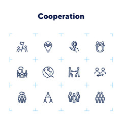 Sticker - Cooperation icon set. Line icons collection on white background. Collaboration, achievement, teamwork. Company concept. Can be used for topics like business, marketing strategy, staff