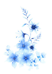  Fantasy winter composition of blue abstract stylized flowers, leaves and inflorescences hand drawn in watercolor isolated on a white background. Winter watercolor illustration. Fantasy winter flowers.