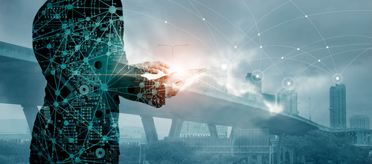 Wall Mural - double exposure, circuit board server, businessman using tablet with global network and data exchang