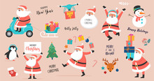 Collection Of Happy Santa Clauses, Dancing, Jumping, Holding Sign, Driving On Scooter