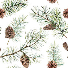 Watercolor Botanical Seamless Pattern With Pine Branches And Cones. Hand Painted Winter Holiday Plants Isolated On White Background. Floral Illustration For Design, Print, Fabric Or Background.