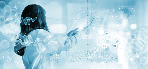 Wall Mural - medicine doctor analysis electronic medical record on interface display. dna. digital healthcare and
