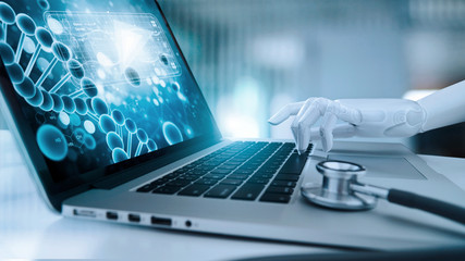 Wall Mural - medical robot hand touching laptop and analysis data human dna. ai. artificial intelligence, innovat
