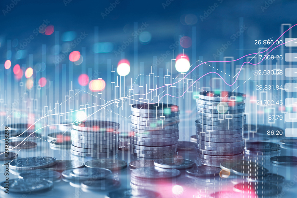 Financial stock market graph and rows of coins growth, abstract and symbol for finance concept, business investment and currency exchange, on blue background. - obrazy, fototapety, plakaty 