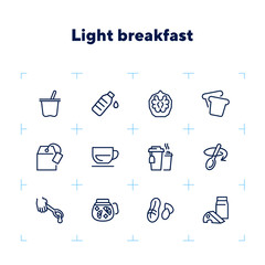 Sticker - Light breakfast line icon set. Set of line icons on white background. Cup, spoon, walnut. Snack concept. Vector illustration can be used for topics like eating, drinking, healthy, diet