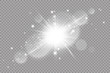 White glowing light explodes on a transparent background. with ray. Transparent shining sun, bright flash. lens flare light effect