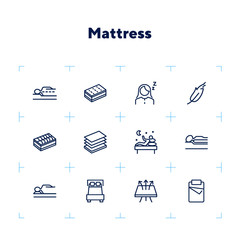 Sticker - Mattress icon set. Line icons collection on white background. Customer, bed, comfort. Orthopedic furniture concept. Can be used for topics like bedroom, sleep, guarantee