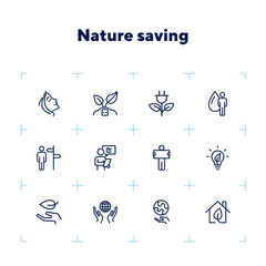 Poster - Nature saving line icon set. Set of line icons on white background. Ecology concept. Leaf, person, battery, energy. Vector illustration can be used for topics like environment, ecology