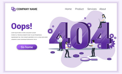 Wall Mural - Error 404 page not found concept with people working on laptops searching and trying to fix errors. Can use for web banner, infographics, landing page, website template. Flat vector illustration