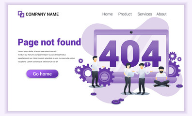 Wall Mural - page not found error 404 concept with people working on laptops searching and trying to fix errors. 