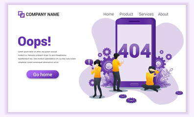 Wall Mural - 404 error page not found concept with people having problems with website on mobile phone. can use f
