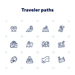 Sticker - Traveler paths line icon set. Map, route, itinerary. Travel concept. Can be used for topics like navigation, location, guide