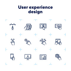 User experience design line icon set. Computer, hand, gadget. App concept. Can be used for topics like interface, software developer, information