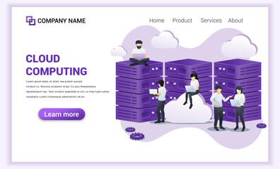 Wall Mural - cloud computing concept. digital storage, data center. people working on laptop and giant server. ca