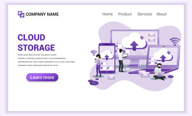 Wall Mural - modern flat design concept of cloud computing, cloud storage, data center with characters on giant d