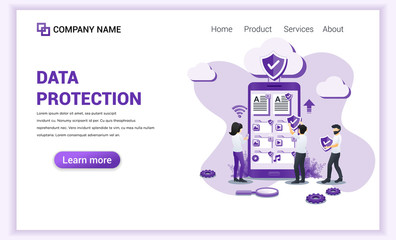 Wall Mural - modern flat design concept of data protection with characters people protecting data on giant phone.