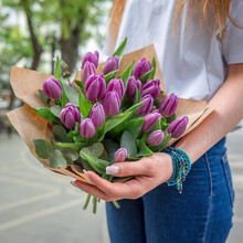 Lilac Tulips Bouquet In Girl Hands
