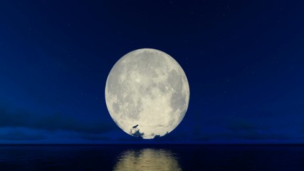Wall Mural - Full moon and timelapse clouds against starry sky reflecting on water surface, hd