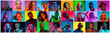 © master1305 - Close up portrait of young people in neon light. Human emotions, facial expression. People, astonished, screaming and crazy in happiness. Creative bright collage made of different photos of 17 models.