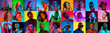 Leinwandbild Motiv Close up portrait of young people in neon light. Human emotions, facial expression. People, astonished, screaming and crazy in happiness. Creative bright collage made of different photos of 17 models.