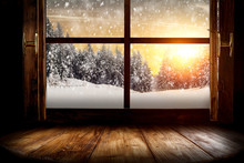 Window Wooden Sill Of Free Space For Your Decoration And Winter Landscape. 