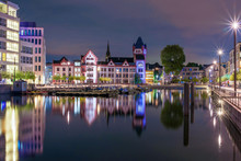 Amazing Nightscape Of Hoerde Castle And Phoenix Lake In Dortmund, Germany Illuminated At Night
