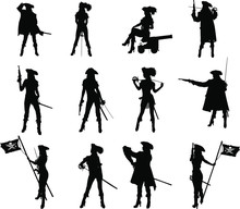 Set Of Silhouettes Of A Sexy Slim Pirate Girl With Different Weapons In Different Poses And Clothes