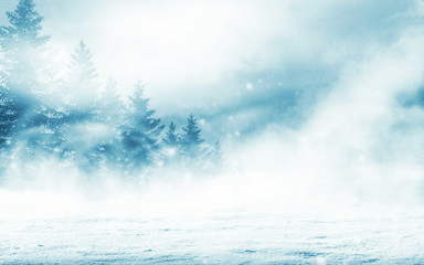 Poster - Dark winter forest background at night. Snow, fog, moonlight. Neon figure in the center