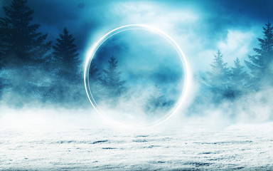 Poster - Dark winter forest background at night. Snow, fog, moonlight. Neon figure in the center