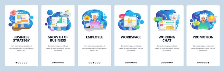 Mobile app onboarding screens. Business plan, financial chart, workspace, chat support. Menu vector banner template for website and mobile development. Web site design flat illustration