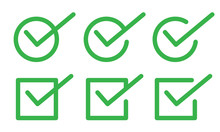 Green Check Mark Icon Set. Tick Symbol In Circle And Square