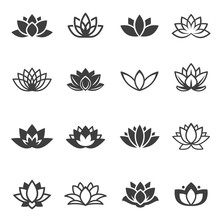 Lotus Flowers Black Glyph And Linear Icons Vector Set