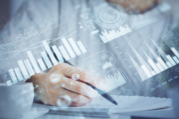 Forex chart displayed on woman's hand taking notes background. Concept of research. Multi exposure