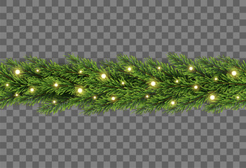 Christmas tree decor with fir branches and lights on transparent background, vector illustration