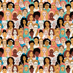 Women's diversity head portraits line drawing doodle poster seamless pattern