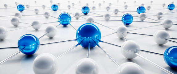 Wall Mural - blue and white sphere network structure - abstract design connection design - 3d illustration