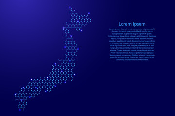 Wall Mural - Japan map from futuristic hexagonal shapes, lines, points  blue and glowing stars in nodes, form of honeycomb or molecular structure for banner, poster, greeting card. Vector illustration.