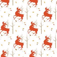 Wall Mural - Seamless pattern with elk in the autumn forest. Vector texture with a silhouette of a moose and nature. Graphic color print for textile and fabric.