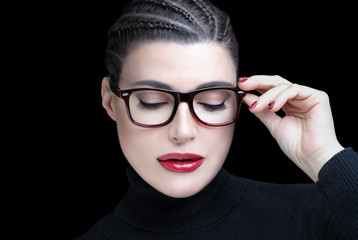 Wall Mural - Stylish woman with trendy glasses and perfect makeup. vision correction, optometry and fashion eye wear