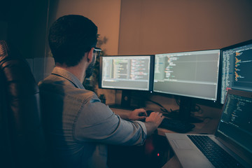 profile side view of nice senior devops qualified expert focused brunette guy writing source solving