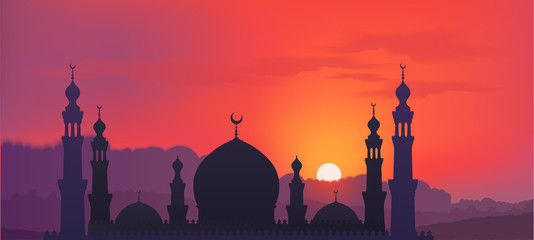 Dark mosque silhouette on colorful red and violet sunset sky and clouds background, vector banner illustration