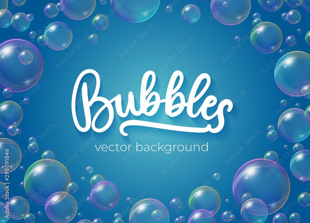 Festive bubbles with rainbow reflection vector illustration. Transparent soap balls with glares, highlights and gradient on blue background for your design - obrazy, fototapety, plakaty 