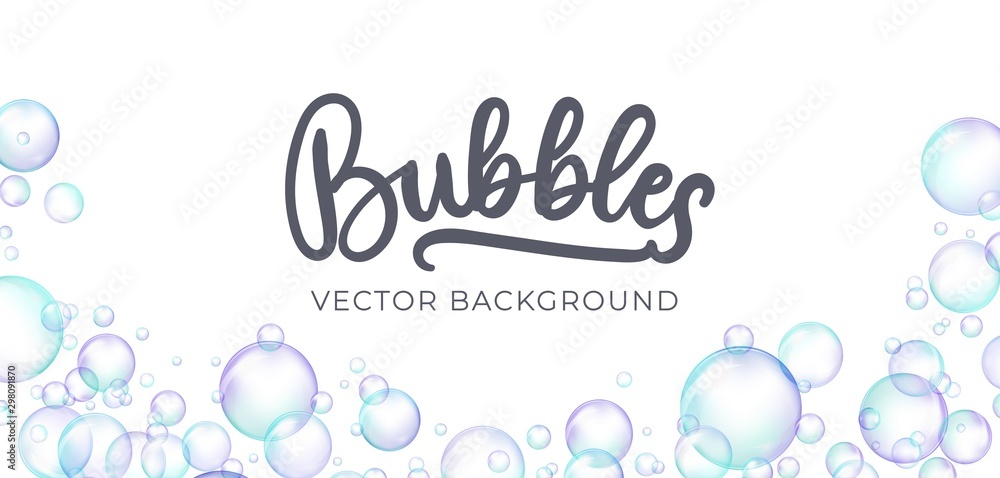 Festive iridescent foam bubbles with rainbow reflection vector illustration. Transparent soap balls with glares, highlights and gradient on white background for your design - obrazy, fototapety, plakaty 