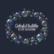 © Microstocker.Pro - Colorful festive soap bubbles vector background. Transparent bubble blower frame with rainbow iridescent reflection illustration on navy blue for your design