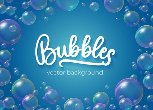 Wall Mural - Festive bubbles with rainbow reflection vector illustration. Transparent soap balls with glares, highlights and gradient on blue background for your design