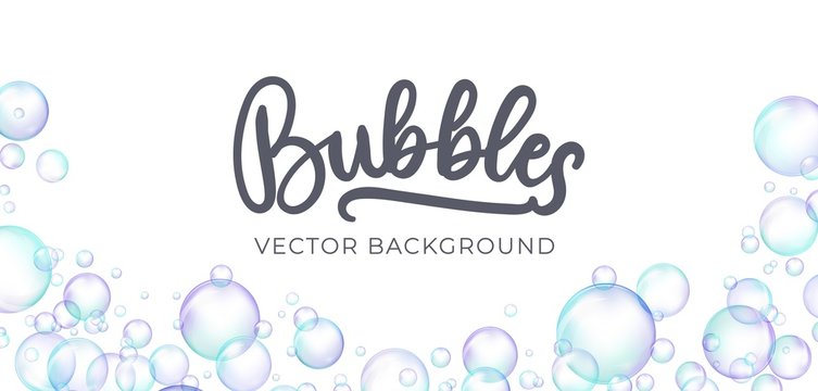 Wall Mural - Festive iridescent foam bubbles with rainbow reflection vector illustration. Transparent soap balls with glares, highlights and gradient on white background for your design