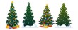 Festive Christmas trees in cartoon style set vector illustration. Decorated green fir-trees and pines with snowy branches and gift boxes, Xmas star, balls, candies and lights. Happy New Year concept