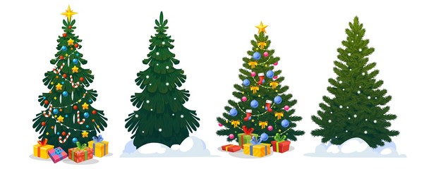 festive christmas trees in cartoon style set vector illustration. decorated green fir-trees and pine